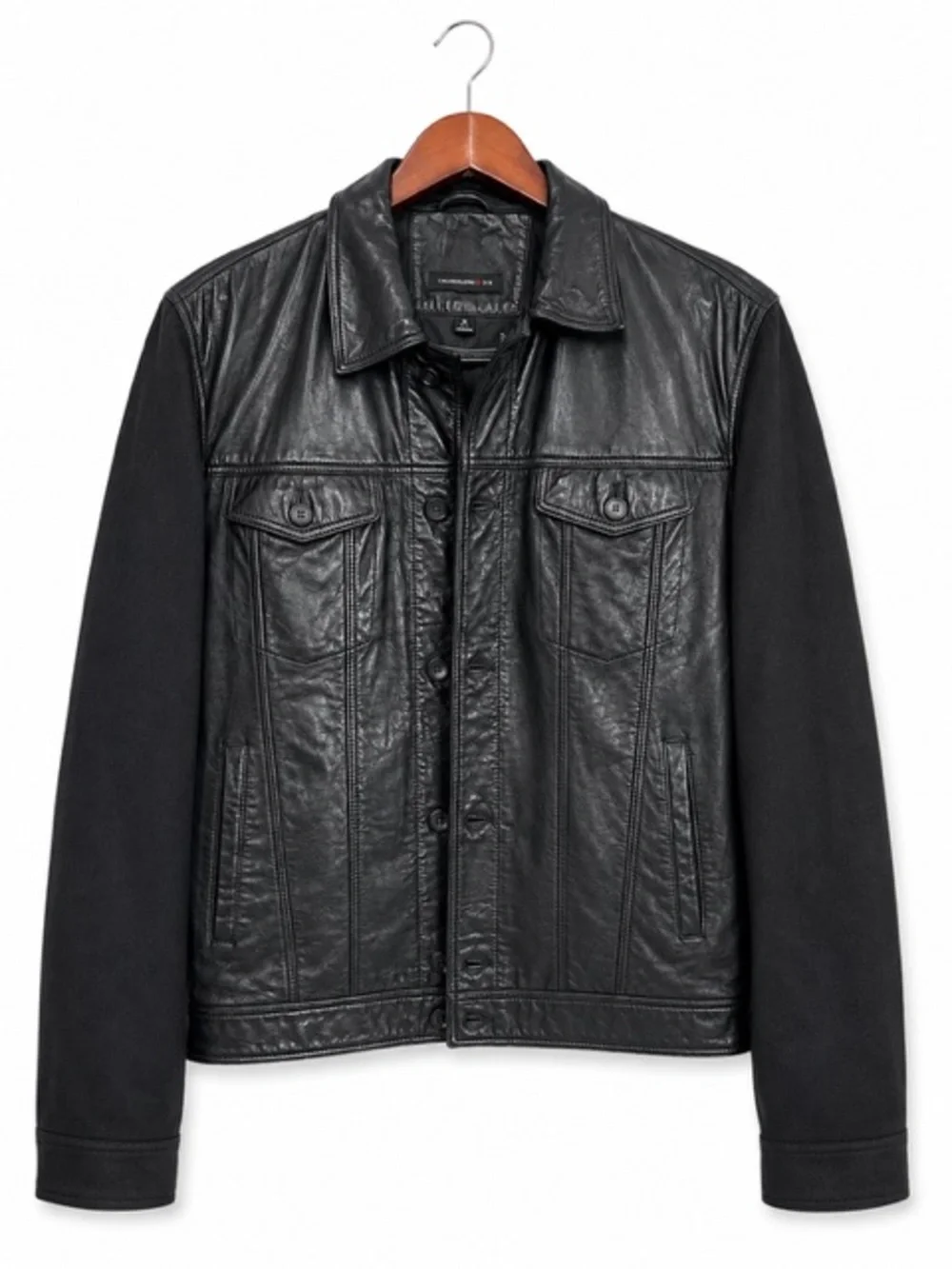 John Varvatos Men's Black Leather Sheep Skin Trucker Button-Front Jacket - Picture 2 of 4